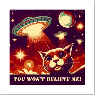 Retro vintage cat selfie with UFO Posters and Art